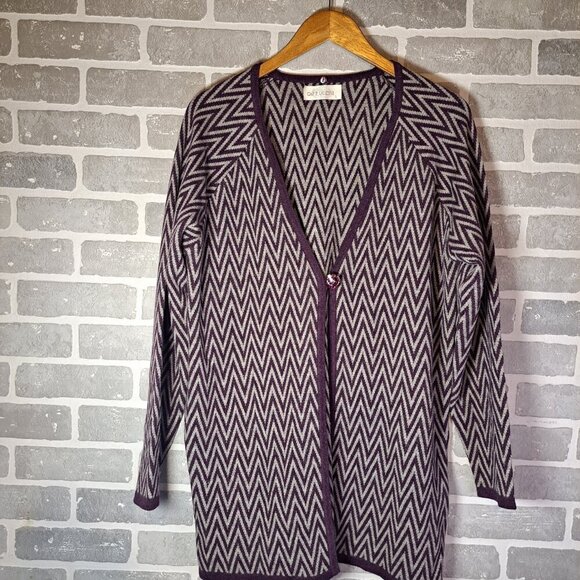 Vintage Wool Cashmere 90s Chevron Purple Gray Print Womens Cardigan Size Large - Picture 4 of 13